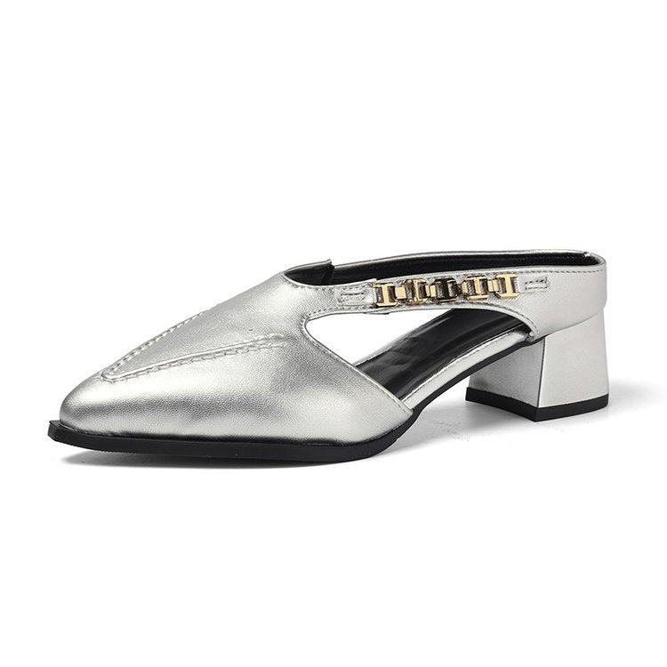 Brand Genuine Leather Closed-Toe Mules for Women, 2026 Summer New Style, Outdoor Wear, Chunky Heel, Metal Slip-On Sandals