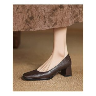Soft Sheepskin French Retro Black High-Heeled Shoes for Women, New Spring and Autumn Style, Genuine Leather Shallow Mouth Elegant Chunky Heel Single Shoes, Commuter Shoes - Dark brown