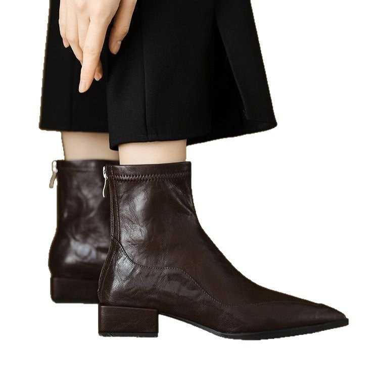 French Pointed Toe Thick Heel Back Zipper Short Boots for Women 2025 New Autumn and Winter Genuine Leather Slimming Look British Style Boots