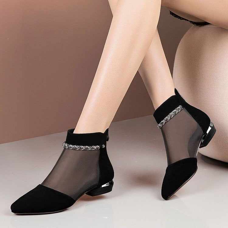 Flat Heel Mesh Hollow Out Sandals Pointed Toe Chunky Heel Mesh Boots Women's Summer 2026 New Large Size Rhinestone Genuine Leather Low Heel Sandals