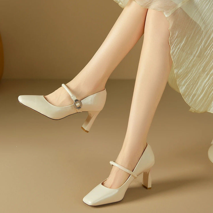 Retro-Style Genuine Leather Mary Jane Shoes for Women, New Spring and Autumn French-Style Single-Strap Chunky Heel Pumps, Shallow High-Heeled Shoes for Summer