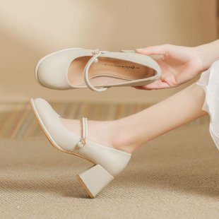 Cheongsam Shoes Mary Jane Shoes Women's 2025 New Fairy Thick High Heels Soft Leather Evening Gentle Bridesmaid Shoes - Off-white