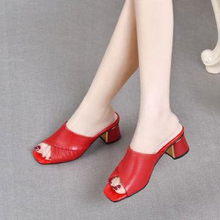 High-Heeled Slippers for Women 2026 Summer New Style Genuine Leather Slippers for Women to Wear Outside, Fashionable and Versatile, Thick Heel, Medium Heel, One-Piece Slippers - Red