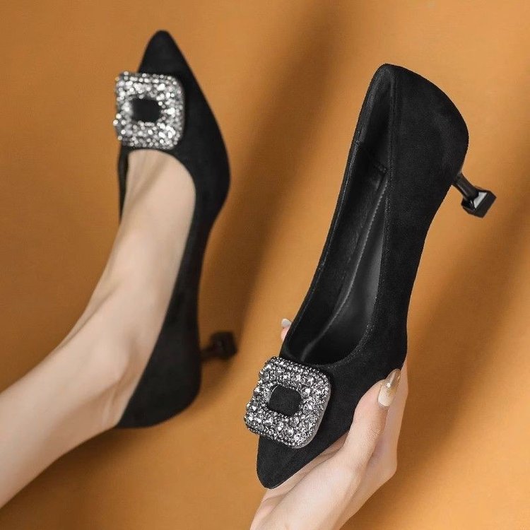 Brand Genuine Leather Low-Heeled Shoes with Thin Heels, Spring French Fashion Style, Rhinestone Square Buckle, Black Suede Professional Interview High-Heeled Shoes