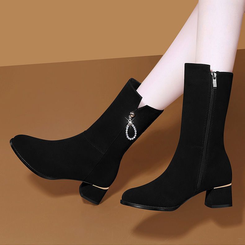 2025 New Style Over-The-Knee Mid-Calf Boots for Women in Autumn and Winter Fashion Fleece-Lined Warm Nubuck Leather Mid-Heeled Boots Long Boots