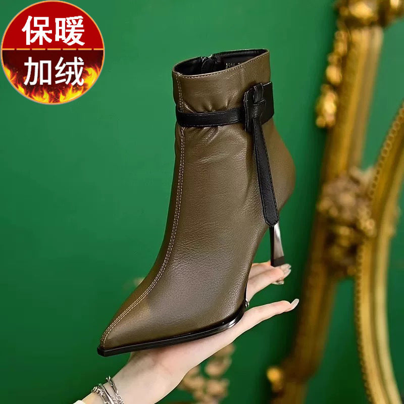 European and American Style Stiletto Short Boots for Women, Martin Boots, 2025 Autumn and Winter New Style, Velvet Pointed Toe High Heels, Fashion Slim Boots - Khaki plus velvet [sxn-w2 model]