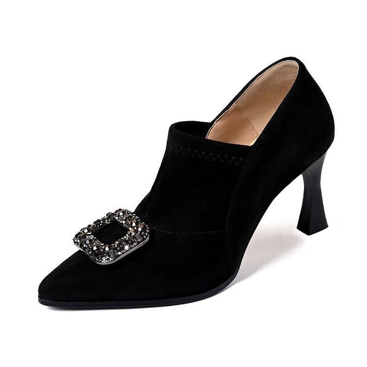 High-Heeled Deep-Cut Women's Short Boots 2025 Autumn and Winter New Diamond Buckle Black Suede Pointed Toe Elastic Ankle Boots Nude Boots