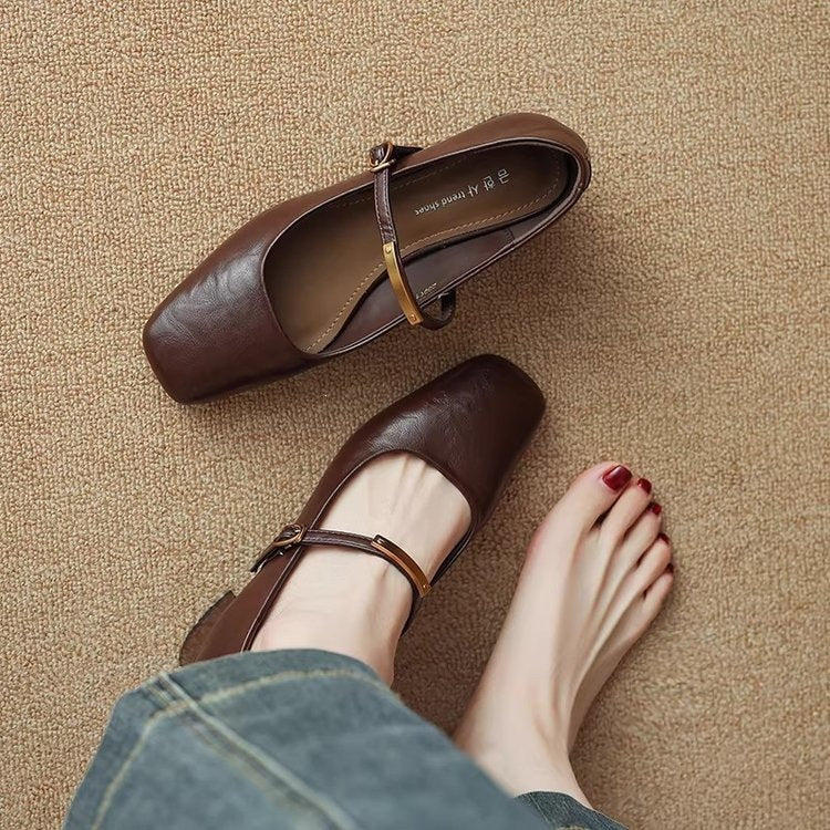 Sheepskin French Mary Jane Shoes 2026 Spring New Versatile Square-Toed Mid-Heel Chunky High-Heel Women's Pumps