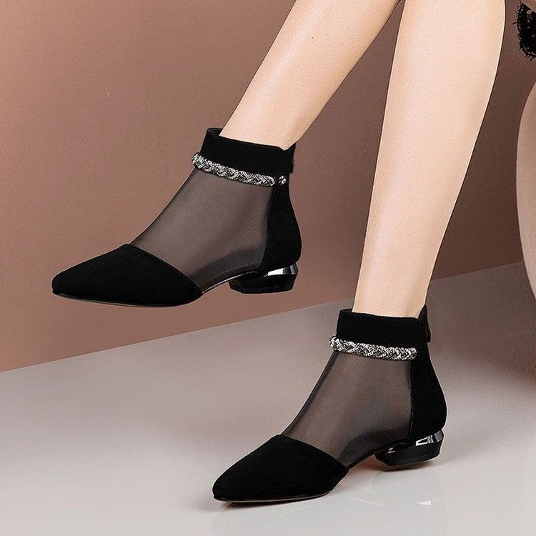 Flat Heel Mesh Hollow Out Sandals Pointed Toe Chunky Heel Mesh Boots Women's Summer 2026 New Large Size Rhinestone Genuine Leather Low Heel Sandals