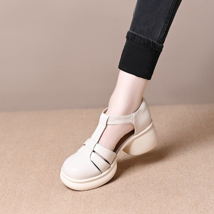 Women's summer new style round-toe shallow buckle chunky heel thick-soled comfortable hollow Mary Jane leather sandals