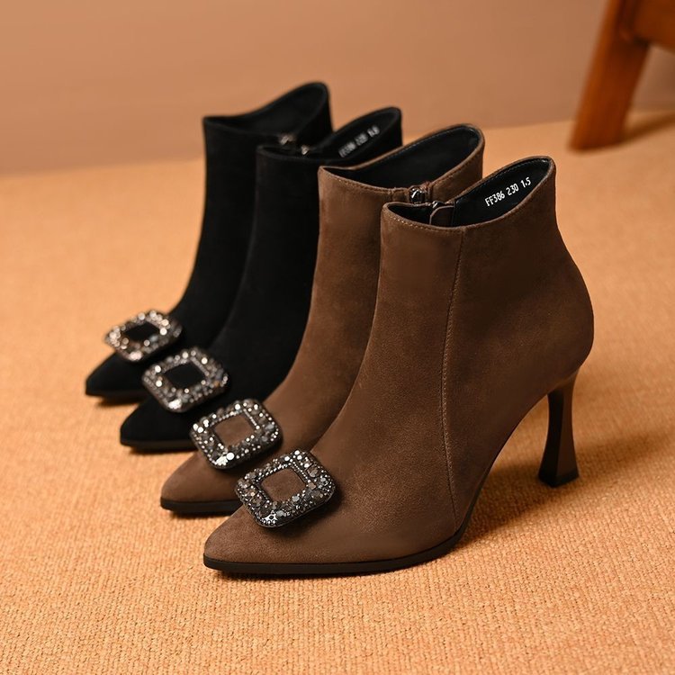 Genuine Leather Pointed Toe Square Buckle Stiletto Short Boots for Women Autumn and Winter Frosted Rhinestone Square Buckle Side Zipper Mid-High Heel Ankle Boots