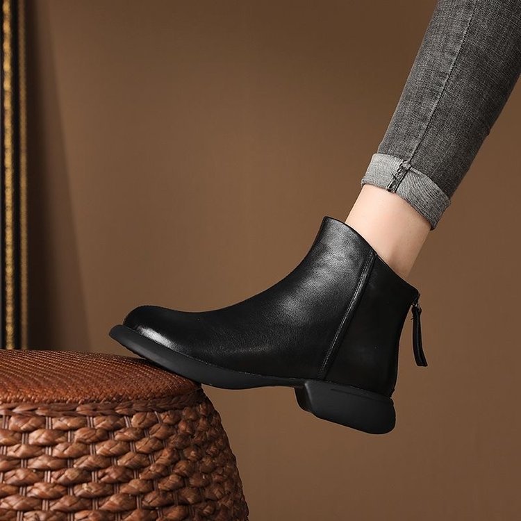 Soft Leather Retro Style Short Boots for Women 2026 Autumn and Winter New Style Back Zipper Women's Boots Non-Slip Soft Sole Fleece-Lined Boots for Women