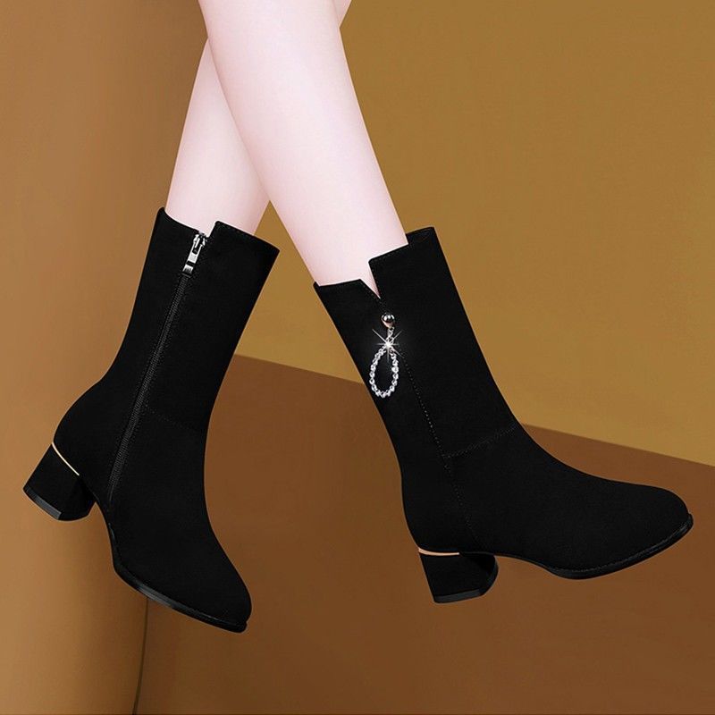 2025 New Style Over-The-Knee Mid-Calf Boots for Women in Autumn and Winter Fashion Fleece-Lined Warm Nubuck Leather Mid-Heeled Boots Long Boots