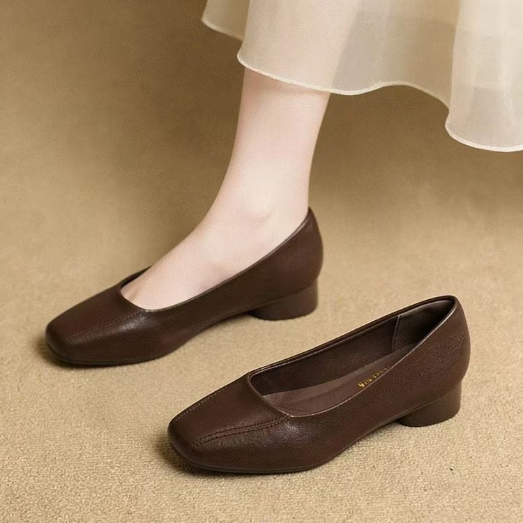 Genuine Soft Leather Women's Shoes, New Spring Style, Square Toe, Shallow Mouth, Soft Leather, Flat Shoes for Middle-Aged and Elderly Women, Large Size, Soft Sole Women's Shoes