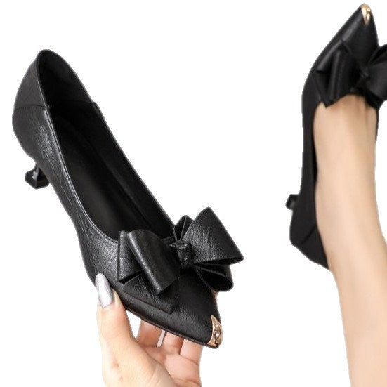 Brand Clearance Genuine Leather Bowknot High Heels for Women 2026 New Nude Color Thin Medium Low Heel 3cm Small Heel Single Shoes