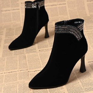 European and American Style Pointed Toe High Heel Short Boots Genuine Leather Plus Velvet Lining Comfortable and Sexy Stiletto Heel Rhinestone Short Boots for Women - Black