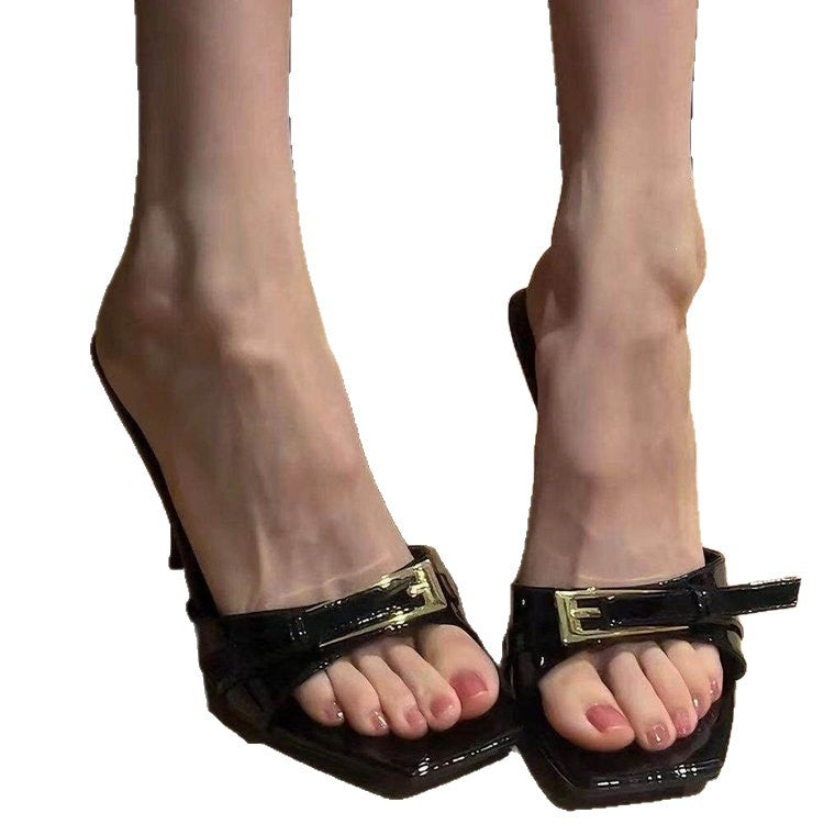 Fashion Summer New Style Open-Toe Square-Toe Black Patent Leather One-Strap Buckle Thin-Heeled High-Heeled Sandals for Women