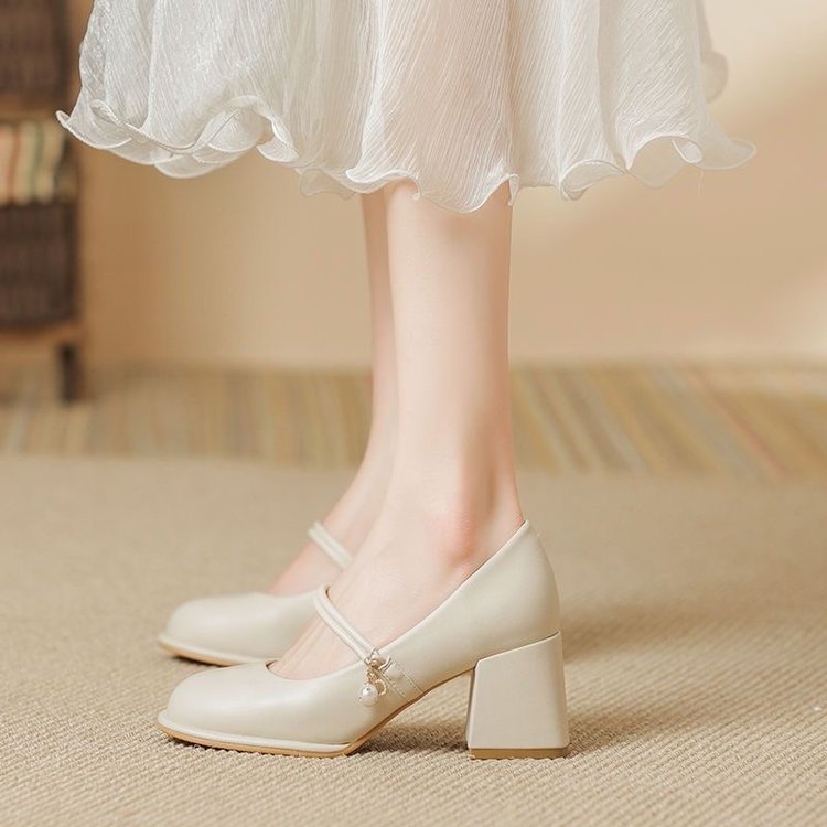 Cheongsam Shoes Mary Jane Shoes Women's 2025 New Fairy Thick High Heels Soft Leather Evening Gentle Bridesmaid Shoes