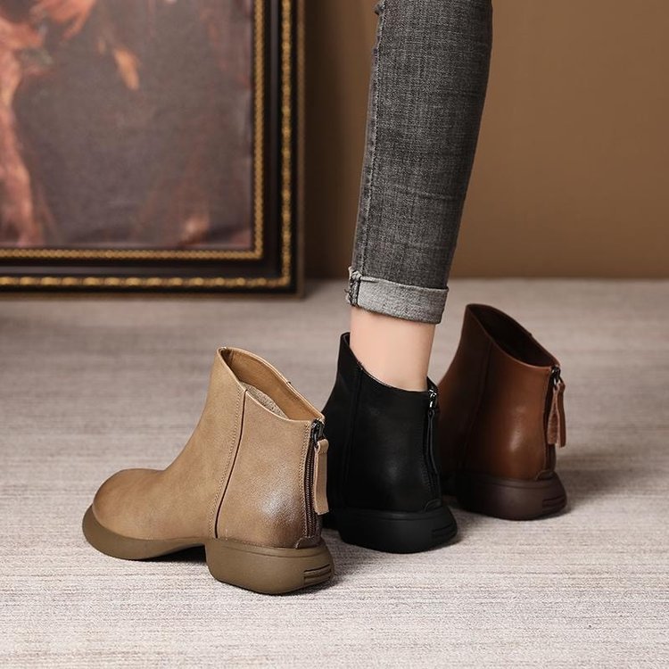 Soft Leather Retro Style Short Boots for Women 2026 Autumn and Winter New Style Back Zipper Women's Boots Non-Slip Soft Sole Fleece-Lined Boots for Women