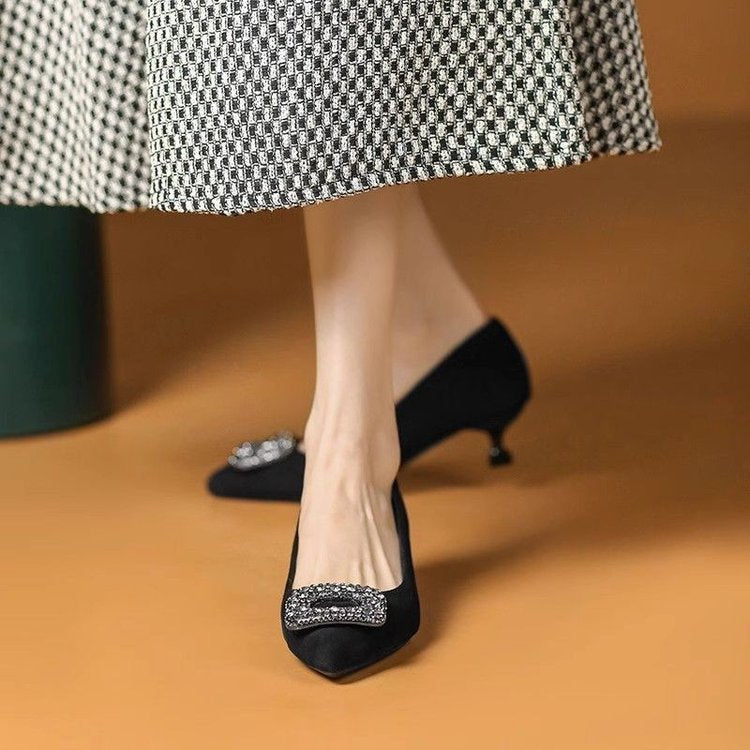 Brand Genuine Leather Low-Heeled Shoes with Thin Heels, Spring French Fashion Style, Rhinestone Square Buckle, Black Suede Professional Interview High-Heeled Shoes
