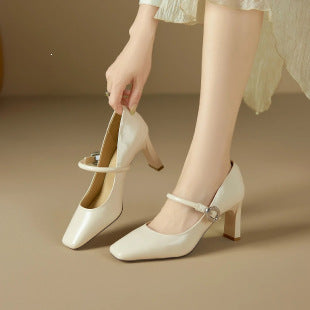 Retro-Style Genuine Leather Mary Jane Shoes for Women, New Spring and Autumn French-Style Single-Strap Chunky Heel Pumps, Shallow High-Heeled Shoes for Summer - Beige