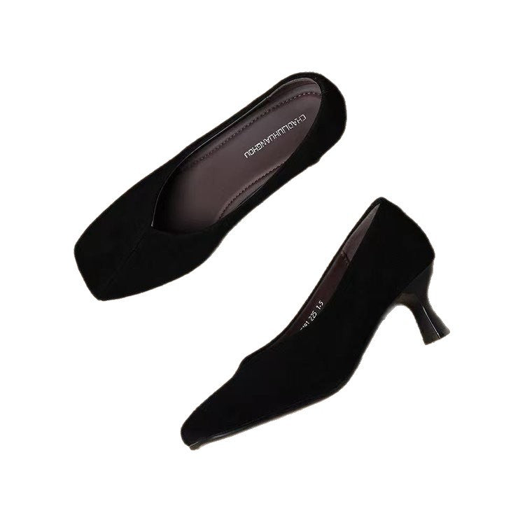 Genuine Leather Sheepskin Retro-Style Suede Elegant Square-Toe Shallow-Mouth Stiletto High-Heeled Shoes for Women, Versatile and Comfortable Slip-On Shoes