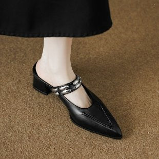 Soft Leather Stylish and High-End Mules for Women, Suitable for Outdoor Wear, 2026 New Model, Can Be Paired with Skirts, High-Heeled Single Shoes - Black