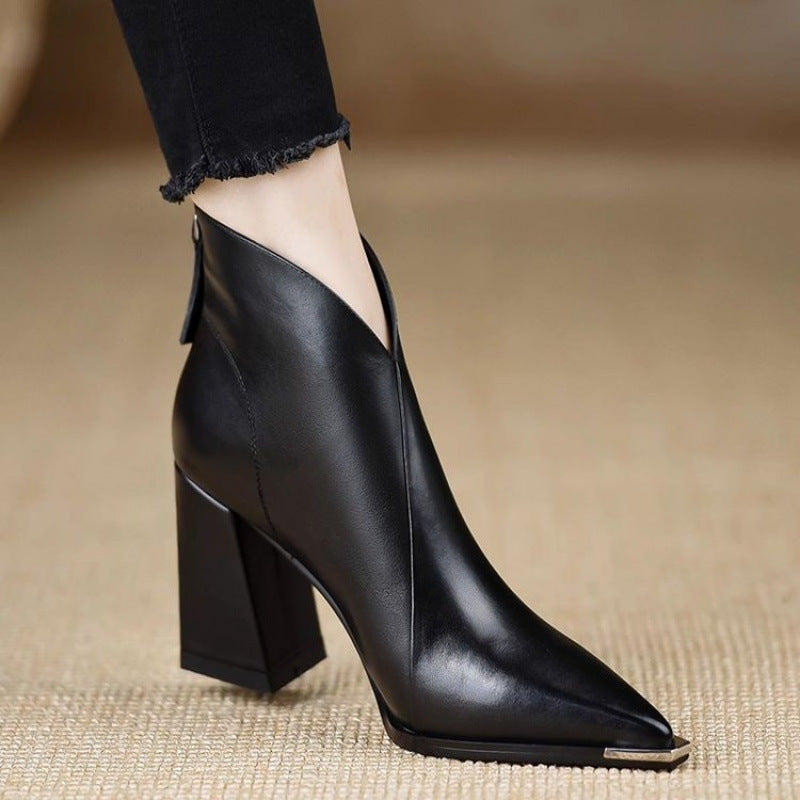 2025 New Autumn and Winter Square Toe Thick Heel Short Boots Women's High Heel Martin Slim Boots British Style Mid-Calf Chelsea Boots