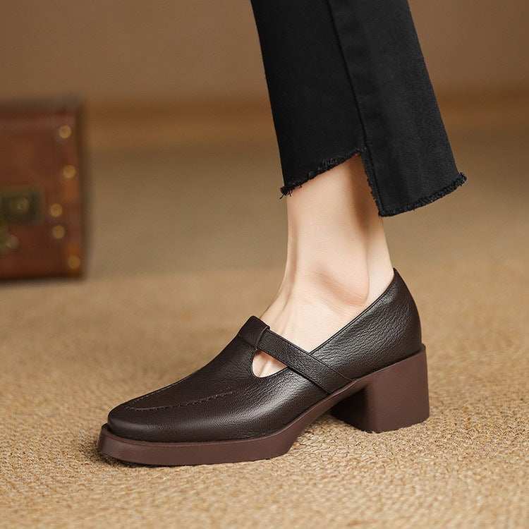 French-Style Backless Slip-On Shoes for Women 2026 Spring/Summer Genuine Leather Versatile Thick-Soled Chunky Heel Closed-Toe Mule Shoes