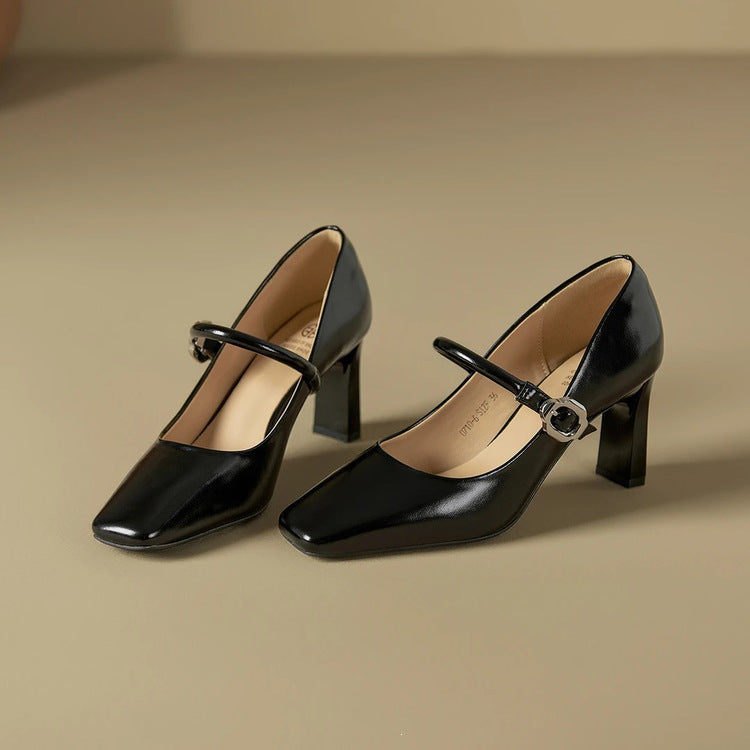 Retro-Style Genuine Leather Mary Jane Shoes for Women, New Spring and Autumn French-Style Single-Strap Chunky Heel Pumps, Shallow High-Heeled Shoes for Summer