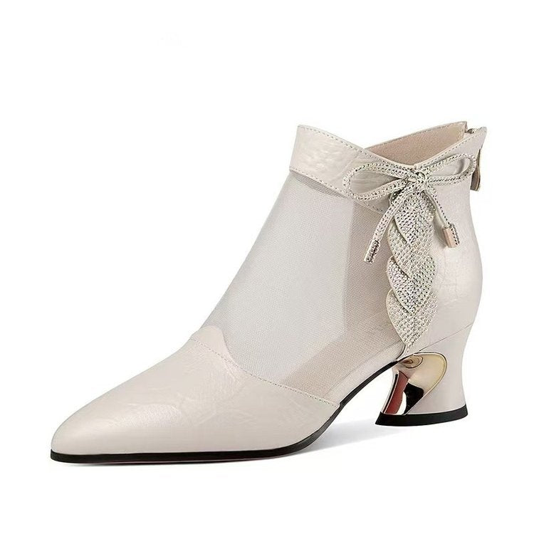 2025 New Style Rhinestone Mid-Heeled Sandals, Mesh Sandals, Women's Thick-Heeled Hollow Women's Shoes, Pointed Toe Shoes with Skirts