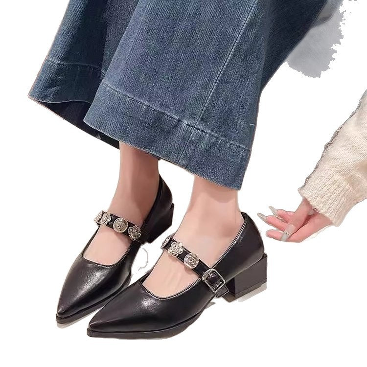 Sheepskin Version~French-Style Pointed-Toe Mary Jane Women's Shoes with Elegant Metal Buckle, Single Strap, Chunky Heel, Shallow Mouth, and High Heels