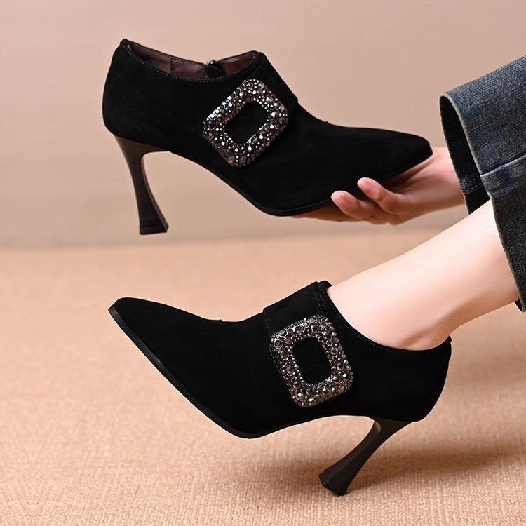 High Heels, Stiletto Heels, Deep Mouth Women's Shoes, 2025 Autumn and Winter Black Suede Diamond Buckle Pointed Toe Side Zipper Ankle Boots Nude Boots