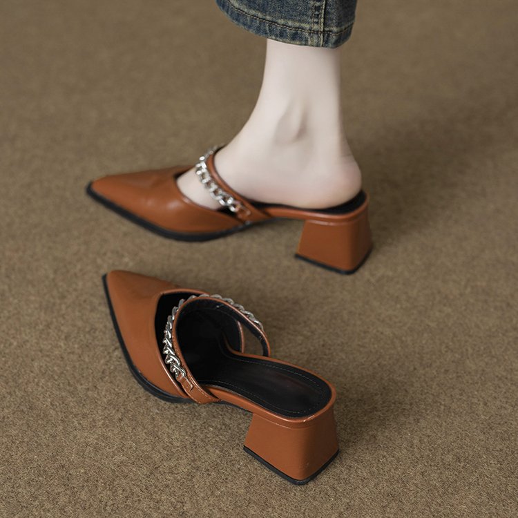 Soft Leather Stylish and High-End Feel Mules for Women, Suitable for Outdoor Wear, 2026 New Model, Can Be Paired with Skirts, High-Heeled Single Shoes