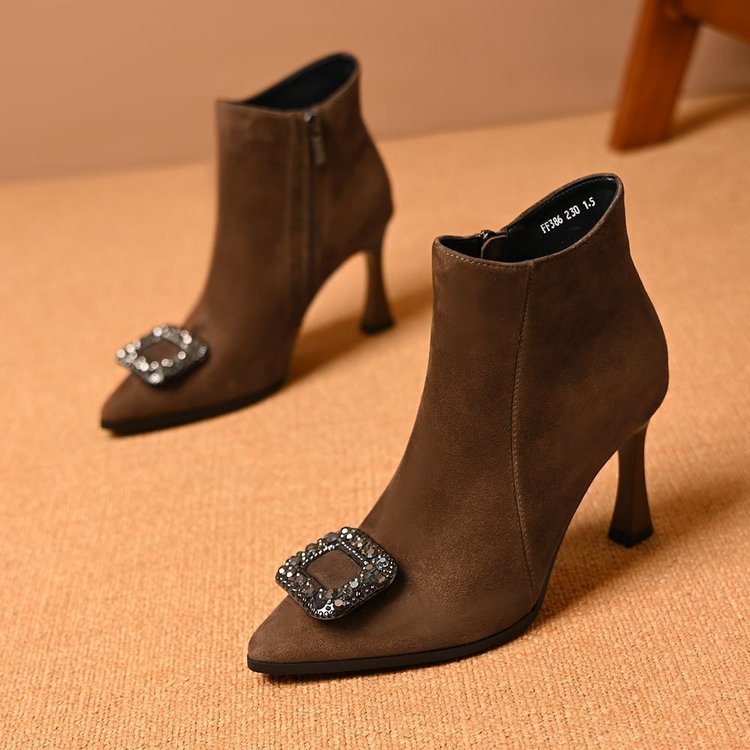 Genuine Leather Pointed Toe Square Buckle Stiletto Short Boots for Women Autumn and Winter Frosted Rhinestone Square Buckle Side Zipper Mid-High Heel Ankle Boots