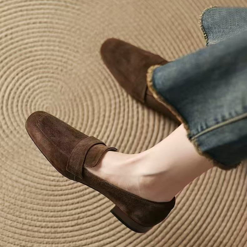 Suede Loafers for Women 2026 New Spring Soft-Soled Thick-Heeled Square-Toe Retro Commuter Spring and Autumn Versatile Women's Shoes