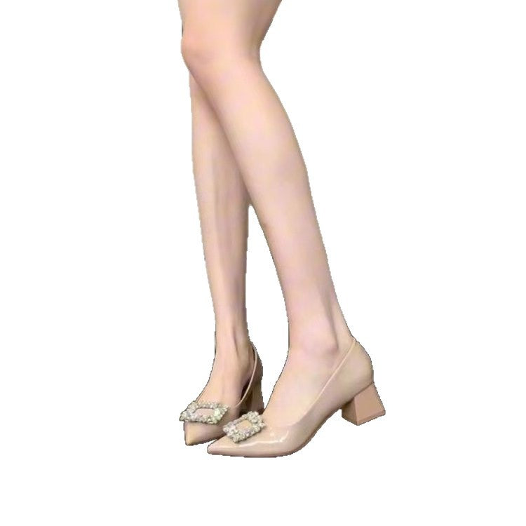 Sheepskin Version~Chanel-Style Rhinestone Square Buckle Pointed Toe Chunky Heel Single Shoes for Women, Suitable for Pairing with Dresses, Slip-On Shallow Mouth Pumps for Parties