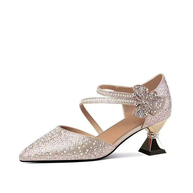 Pearl Rhinestone Genuine Leather Pointed Toe Thick Heel Sandals for Women Summer Mid-Heeled Shoes Fashionable with Cheongsam Hollow Single Shoes for Women