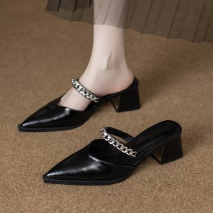 Soft Leather Stylish and High-End Feel Mules for Women, Suitable for Outdoor Wear, 2026 New Model, Can Be Paired with Skirts, High-Heeled Single Shoes - black
