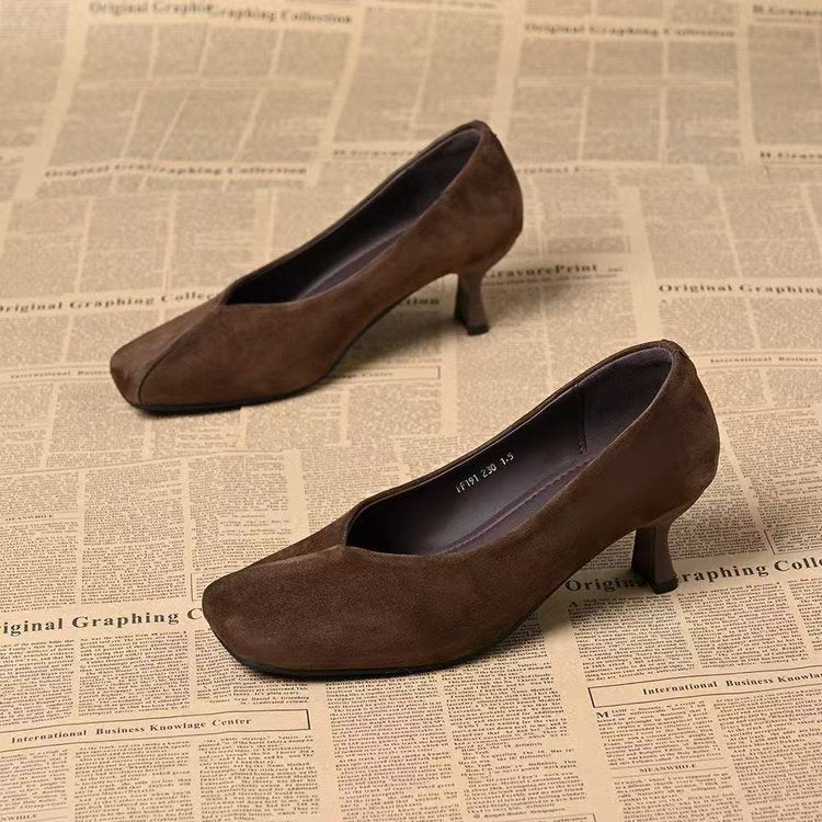 Genuine Leather Sheepskin Retro-Style Suede Elegant Square-Toe Shallow-Mouth Stiletto High-Heeled Shoes for Women, Versatile and Comfortable Slip-On Shoes