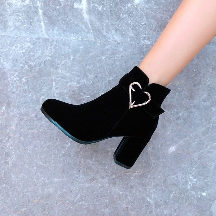 Cross-Border Short Boots, Suede and Fleece-Lined Single Boots, Round Toe, Large Size, Autumn and Winter 2025 New Style, Chunky High Heels, Fashion Women's Shoes - black