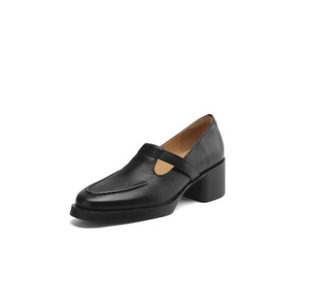 French-Style Backless Slip-On Shoes for Women 2026 Spring/Summer Genuine Leather Versatile Thick-Soled Chunky Heel Closed-Toe Mule Shoes - black