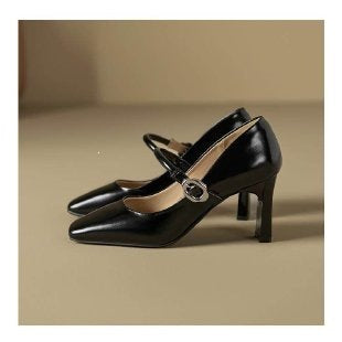 Retro-Style Genuine Leather Mary Jane Shoes for Women, New Spring and Autumn French-Style Single-Strap Chunky Heel Pumps, Shallow High-Heeled Shoes for Summer - black