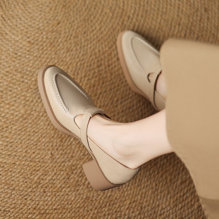French-Style Backless Slip-On Shoes for Women 2026 Spring/Summer Genuine Leather Versatile Thick-Soled Chunky Heel Closed-Toe Mule Shoes