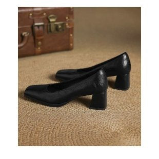 Soft Sheepskin French Retro Black High-Heeled Shoes for Women, New Spring and Autumn Style, Genuine Leather Shallow Mouth Elegant Chunky Heel Single Shoes, Commuter Shoes - Black