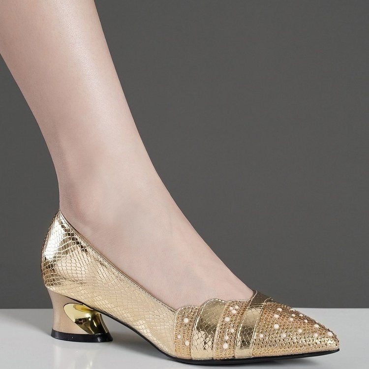 High-quality foreign trade 2026 spring-summer comfortable, fashionable, versatile professional high-heeled shoes for women with rhinestone embellishments, chunky heels, and shallow cut design