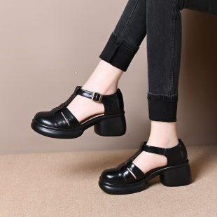 Women's summer new style round-toe shallow buckle chunky heel thick-soled comfortable hollow Mary Jane leather sandals - Black