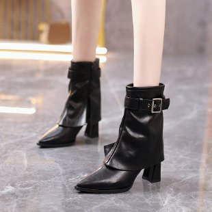 Fashionable Women's Booties 2026 Autumn and Winter New Style Elegant Pointed Toe Chunky Heel Short Boots Versatile High Heel Slimming Fashion Boots - Black fleece