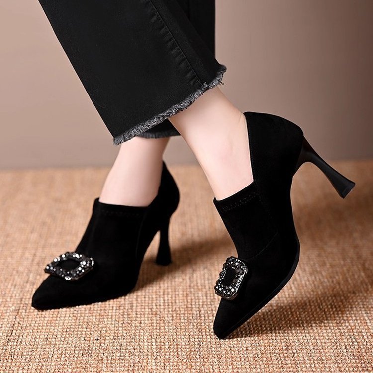 High-Heeled Deep-Cut Women's Short Boots 2025 Autumn and Winter New Diamond Buckle Black Suede Pointed Toe Elastic Ankle Boots Nude Boots