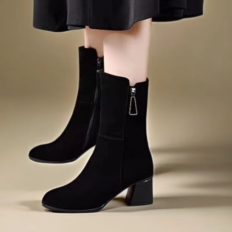 Mid-Calf Boots for Women, Thick-Heeled Genuine Leather Slim Boots, Autumn and Winter Single Boots, 2025 New Autumn and Winter Mid-Heeled Goatskin Boots, Short Boots